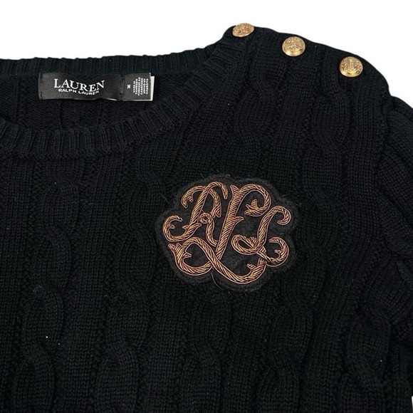 Lauren Ralph Lauren Black Label Cable Knit Black Sweater Bullion Patch Medium - Picture 3 of 4